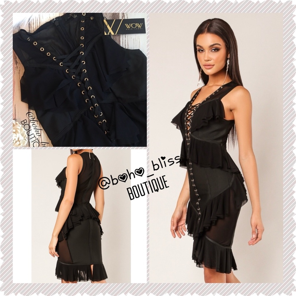 Black Bandage Ruffle Lace Up Corset Midi Dress NWT